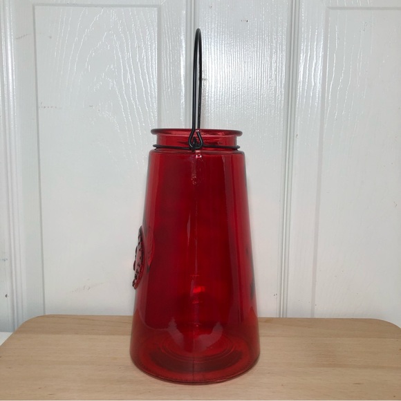 Genuine Crafted & Original Red Glass Ribbed Candle Holder with Metal Wire Handle - Picture 4 of 11